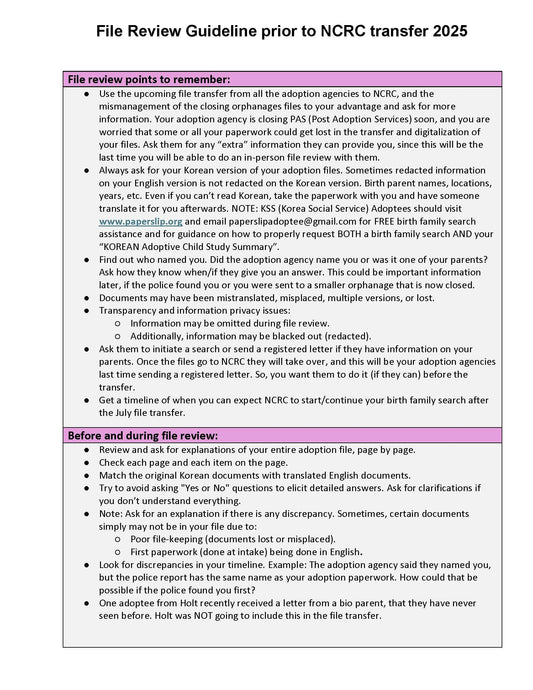 File Review Guideline Pre-NCRC Transfer